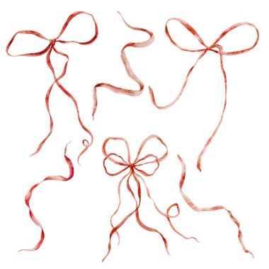 Suluboya kırmızı fiyonklar hazır. Beyaz arka planda el yapımı bir yay var. Tasarım, baskı, kumaş veya arkaplan için tatil illüstrasyonu