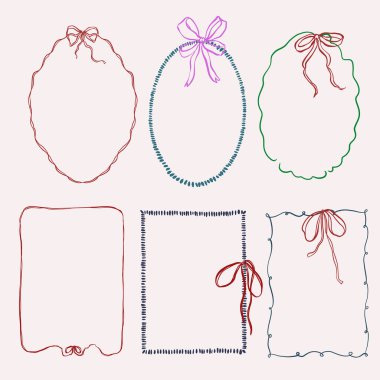 Kırmızı ve mavi fiyonklu vektör çerçevesi. Beyaz arka planda el yapımı bir yay var. Tasarım, baskı, kumaş veya arkaplan için tatil illüstrasyonu