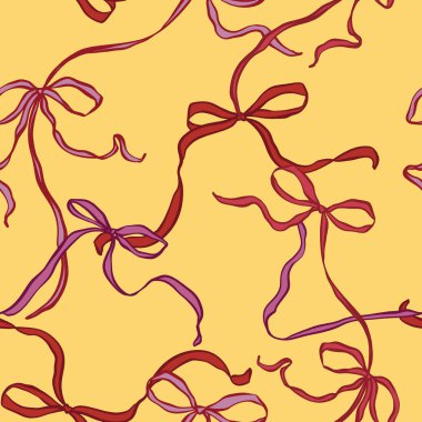 Vektör kırmızı yay kusursuz desen. El yapımı hediye yayı sarı arka planda izole edilmiş. Tasarım, baskı, kumaş veya arkaplan için tatil illüstrasyonu