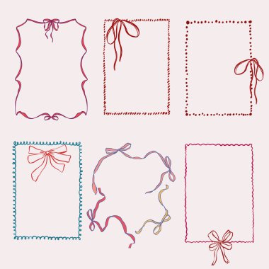 Mavi ve kırmızı fiyonklu vektör çerçevesi. Beyaz arka planda el yapımı bir yay var. Tasarım, baskı, kumaş veya arkaplan için tatil illüstrasyonu