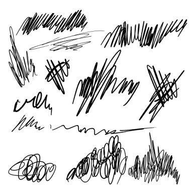 Vektör süsü ve karalamalar ayarlandı. El çizimi resimleme beyaz arkaplanda izole edildi