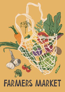 İp torbasında havuç ve domates posteri. El yapımı bahçe hasat skeci. Restoran ve kafenin içi için leziz yemek çizimi, sebze pazarı baskısı, kumaş, arka plan