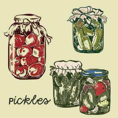 Kavanozda salatalık turşusu ve domates var. Klasik desenli el yapımı bahçe hasat eskizi. Tasarım için lezzetli yiyecekler, sebze pazarı baskısı, kumaş, arkaplan