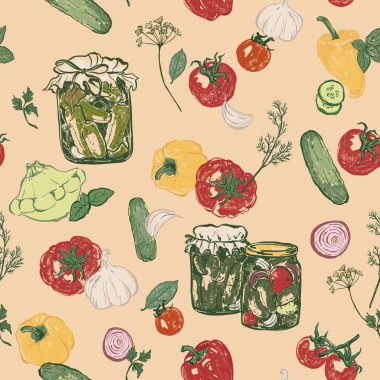 Salatalık turşusu ve domatessiz sebze deseni. El yapımı bahçe hasadı. Restoran ve kafenin içi için leziz yemek çizimi, sebze pazarı baskısı, kumaş, arka plan