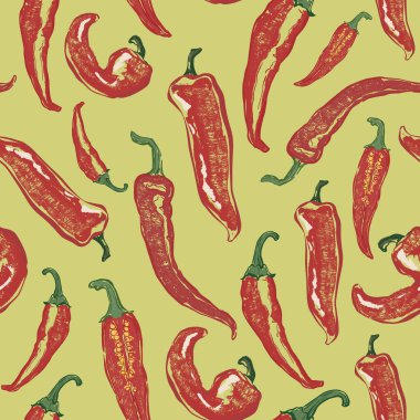Vektör sebze karalamaları, acı biber ve jalapeno 'nun kusursuz deseni. El yapımı bahçe hasadı. Organik çiftlik grafikleri. Tasarım için lezzetli yiyecekler, sebze pazarı baskısı, kumaş veya arka plan