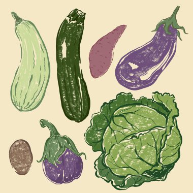 Vektör sebze karalama seti lahana, patates, patlıcan ve kabak. Klasik desenli el yapımı bahçe hasat eskizi. Tasarım için lezzetli yiyecekler, sebze pazarı baskısı, kumaş veya arka plan