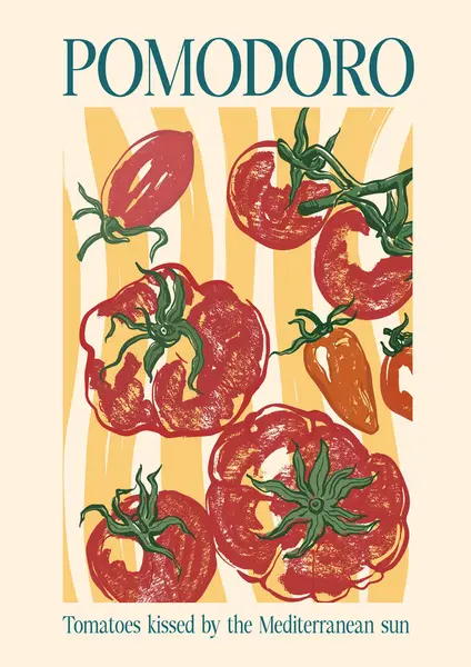 Kısa cümleli Akdeniz domatesli vektör posteri. Akdeniz güneşi tarafından öpülen domatesler. Bej arka planda elle çizilmiş kart. Tasarım, baskı, kumaş veya arkaplan için lezzetli gıdalar
