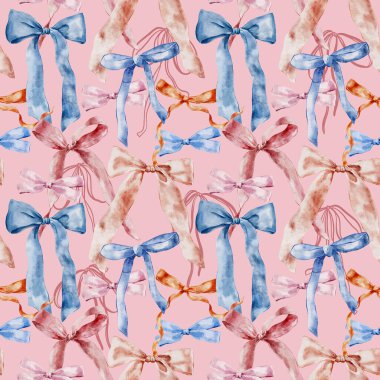 Suluboya pembe, kırmızı ve mavi, pürüzsüz desen. Pembe arka planda el yapımı bir yay. Tasarım, baskı, kumaş veya arkaplan için tatil illüstrasyonu