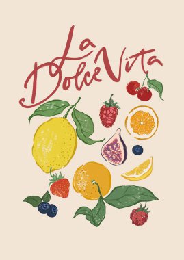 Limon, portakal, incir ve kirazlı çilek posteri. El yapımı bahçe hasat skeci. Lokanta ve kafenin içi için lezzetli gıda illüstrasyonları, meyve pazarı çizimleri, kumaş veya arka plan