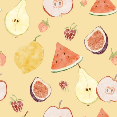 Taze karpuz, limon, incir, armut ve elmadan oluşan dikişsiz suluboya deseni. Bej arka planda elle çizilmiş olgun meyveler. Tasarım, baskı, kumaş veya arkaplan için lezzetli besin çizimi