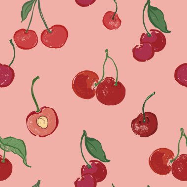 Taze kiraz ve dilimlerden oluşan kusursuz bir desen. Pembe arka planda elle çizilmiş olgun meyveler. Tasarım, baskı, kumaş veya arkaplan için lezzetli besin çizimi