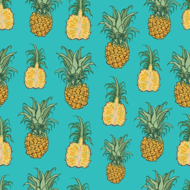 Taze ananasın vektörsüz deseni. Mavi arka planda elle çizilmiş olgun meyveler. Tasarım, baskı, kumaş veya arkaplan için lezzetli besin çizimi