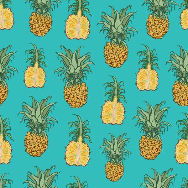Taze ananasın vektörsüz deseni. Mavi arka planda elle çizilmiş olgun meyveler. Tasarım, baskı, kumaş veya arkaplan için lezzetli besin çizimi