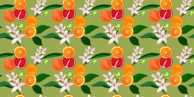 Kusursuz desenli, çiçekli ve yapraklı portakal meyvesi. Greyfurt ve turuncu vektör çizimi. Sağlıklı yiyecekler. Meyveler, çiçekler ve yapraklar.