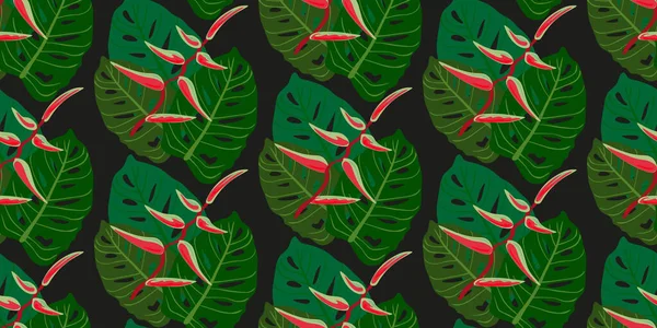 Modern Tarzda Kusursuz Desenli Yeşil Yapraklı Siyah Arka Planda Pembe — Stok Vektör