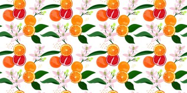 Beyaz arka planda yaprakları ve çiçekleri olan kusursuz turuncu meyveler. Greyfurt ve turuncu vektör çizimi. Sağlıklı yiyecekler. Meyveler, çiçekler ve yapraklar.