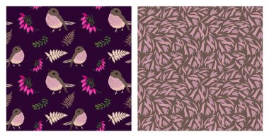 Kuşlar, egzotik çiçekler ve koyu mor arka planda yapraklar olan soyut, kusursuz desenler. Kağıt, kapak, kumaş, iç dekorasyon ve diğer kullanıcılar için modern tasarım.