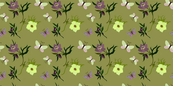 Handgezeichnetes Florales Nahtloses Muster Mit Zarten Blüten Und Schmetterlingen Natürlicher — Stockvektor