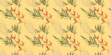 Tropikal yaprakları ve ışık arka planında strelitzia çiçekleri olan modern, parlak, pürüzsüz bir desen. Kumaş, kağıt, kapak, duvar kağıdı, iç mimari vb. için çağdaş egzotik tasarım. Vektör