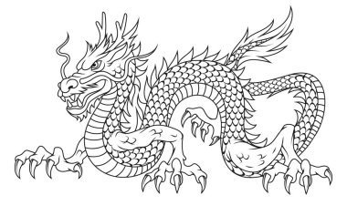 Çin ejderhası. Geleneksel bir Çin mitolojik hayvanının vektör çizimi