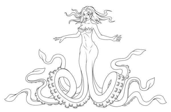 Kraken Mädchen Oktopusfrau Skizziert Vektorillustration Schöne Meeresbewohner — Stockvektor