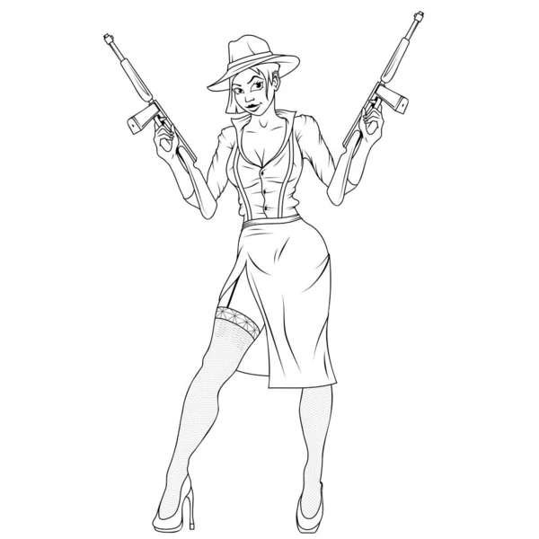 Gangster Femminile Illustrazione Vettoriale Disegno Una Donna Con Una Pistola — Vettoriale Stock