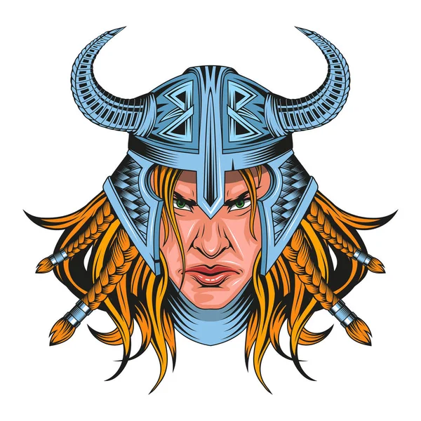 バイキングの女 北欧神話のバイキングのキャラクター ヴァルキリーは角のついたヘルメットをかぶって — ストックベクタ