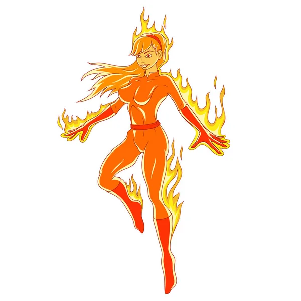 火の女 美しい神秘的な女性のベクトルイラスト フライングスーパーヒロイン — ストックベクタ