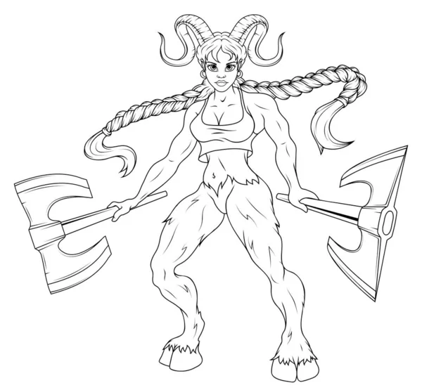 Satyr Dívka Obrovskými Rohy Vektorová Ilustrace Kresby Taurus Ženy Labrys — Stockový vektor