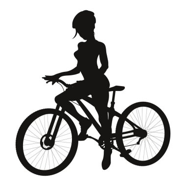 Bisikletli kız. Koruyucu kask takan genç bir kadının robot resmi bisiklet sürüyor. Sportif kadın. Bisikletle antrenman.