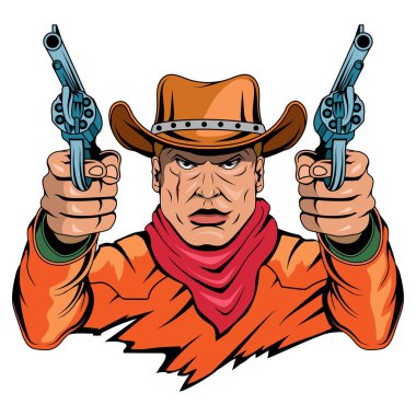Tabancalı bir kovboy. Şapkalı bir vahşi batı haydutunun vektör çizimi.
