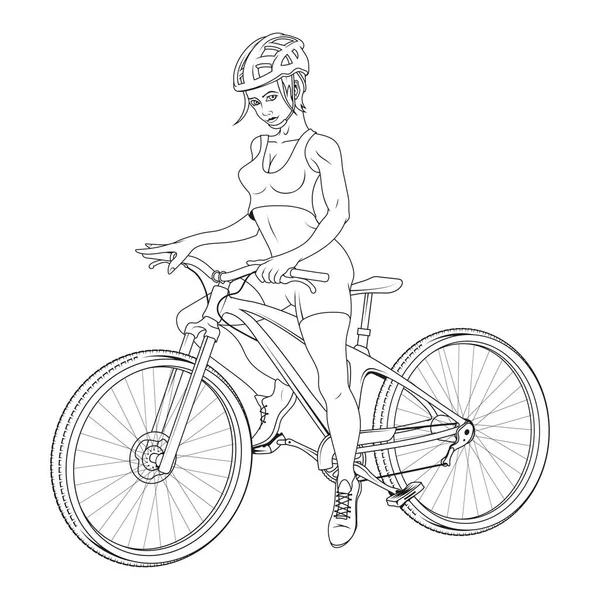 Dziewczyna Rowerze Wektorowa Ilustracja Szkicu Młodej Kobiety Kasku Ochronnym Jeździ — Wektor stockowy