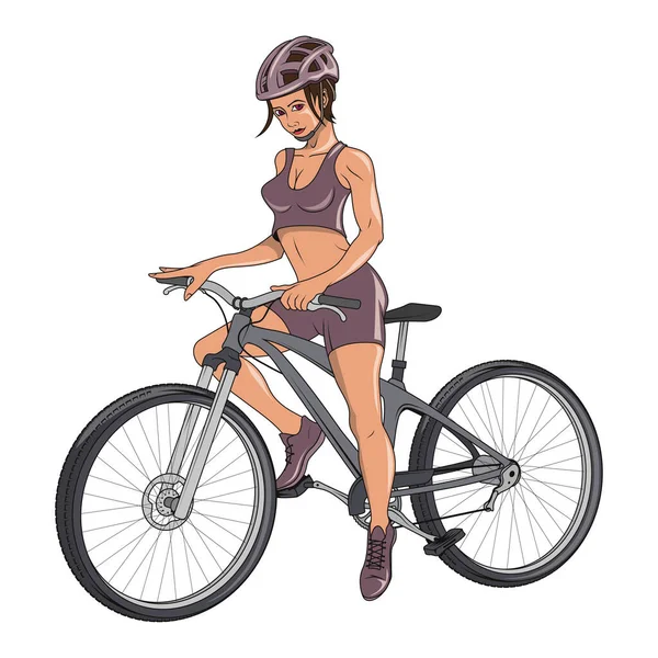 Bisikletli Kız Koruyucu Kask Takan Genç Bir Kadının Vektör Çizimi — Stok Vektör