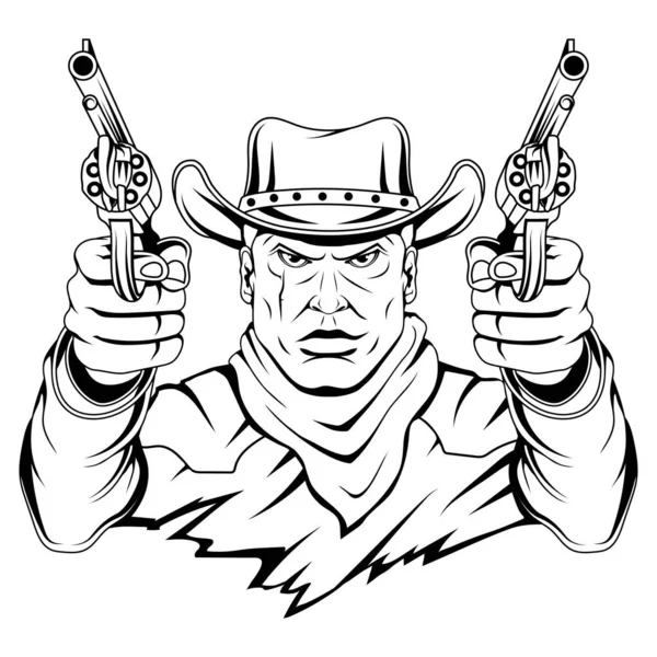 Cowboy Com Revólveres Ilustração Vetorial Esboço Selvagem Oeste Bandido Com —  Vetores de Stock