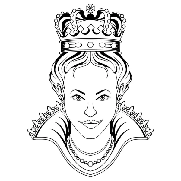 女性が王冠の女王のように身を包んだスケッチのベクトルイラスト — ストックベクタ