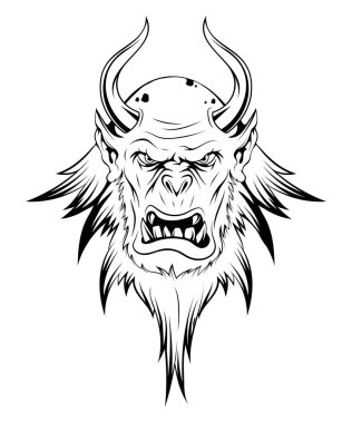 Şeytan kafa. Boynuzlu bir robot resmin temsili çizimi. Cehennemden gelen şeytani karakter