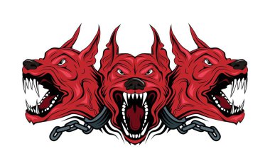Cerberus. Gölgeler diyarının kapılarını koruyan, ölülerin ruhlarının onu terk etmesini engelleyen çok başlı bir köpeğin vektör çizimi. Greko-Romen mitolojisi