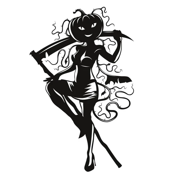 Rapariga Halloween Ilustração Vetorial Esboço Mulher Bonita Com Uma Abóbora — Vetor de Stock
