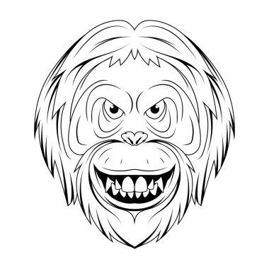 Orangutan. Maymun suratının vektör çizimi. Hayvanat bahçesindeki vahşi hayvan portresi.