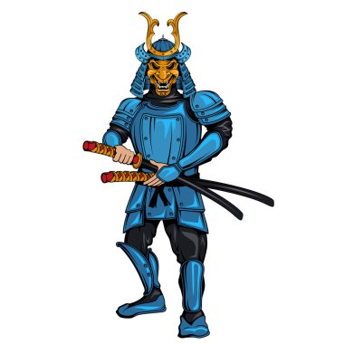 Samuray. Elinde katana olan Japon askerinin vektör çizimi.