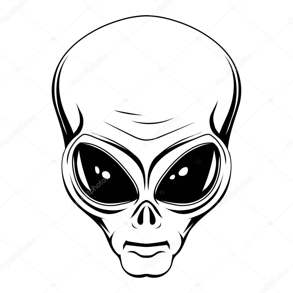 Alien. Vector illustration of a sketch humanoid head. Ufo. Paranormal fantasy emblem