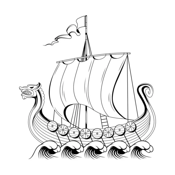 Stock vector Drakkar ship. Vector illustration of a sketch viking, scandinavian warship with a dragons head