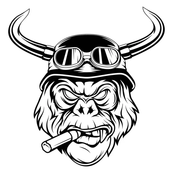 Gorila Con Casco Motociclista Cigarro Ilustración Vectorial Primates Bosquejo Una — Vector de stock
