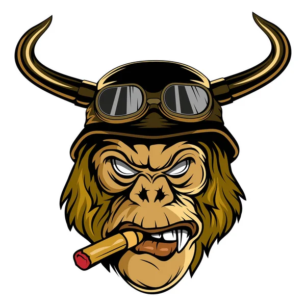 Gorilla Biker Helmet Cigar Vector Illustration Primates Angry Gorilla Head — Stock Vector