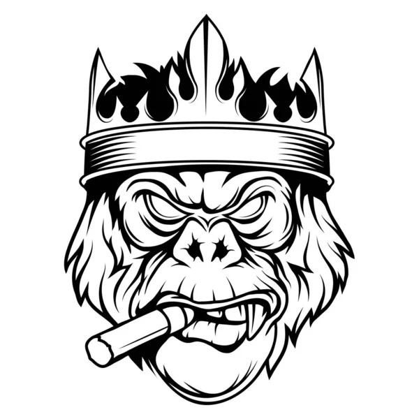 Gorilla Krona Och Med Cigarr Vektorillustration Primater Skiss Ett Argt — Stock vektor