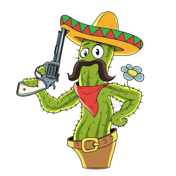 Carácter Cactus Con Revólver Cactus Mexicanos Dibujos Animados — Vector de stock