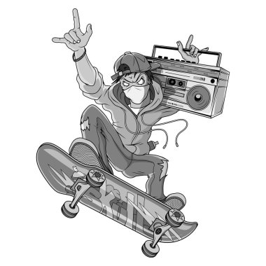 Kaykaycı. Sokak patencisi. Kaykayın üstüne atlayan bir adam. Şehir grafiti karakteri. Retro radyosu olan bir patenci. Kaykay yapmak. Teyp teybi.