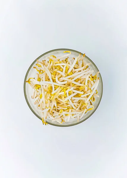 Bean Sprouts Clear Bowl Isolated White Background Top View Flat — Stock Photo, Image