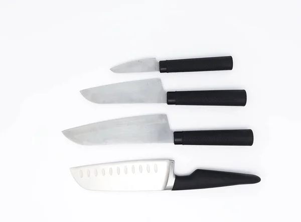 Set Cuchillos Cocina Aislados Sobre Fondo Blanco Vista Superior — Foto de Stock