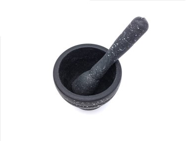 Lumpang ve Alu (Havan ve Pestle), Endonezya 'dan geleneksel yemek ve baharat malzemeleri. Kopya alanı ile beyaz arkaplanda izole.